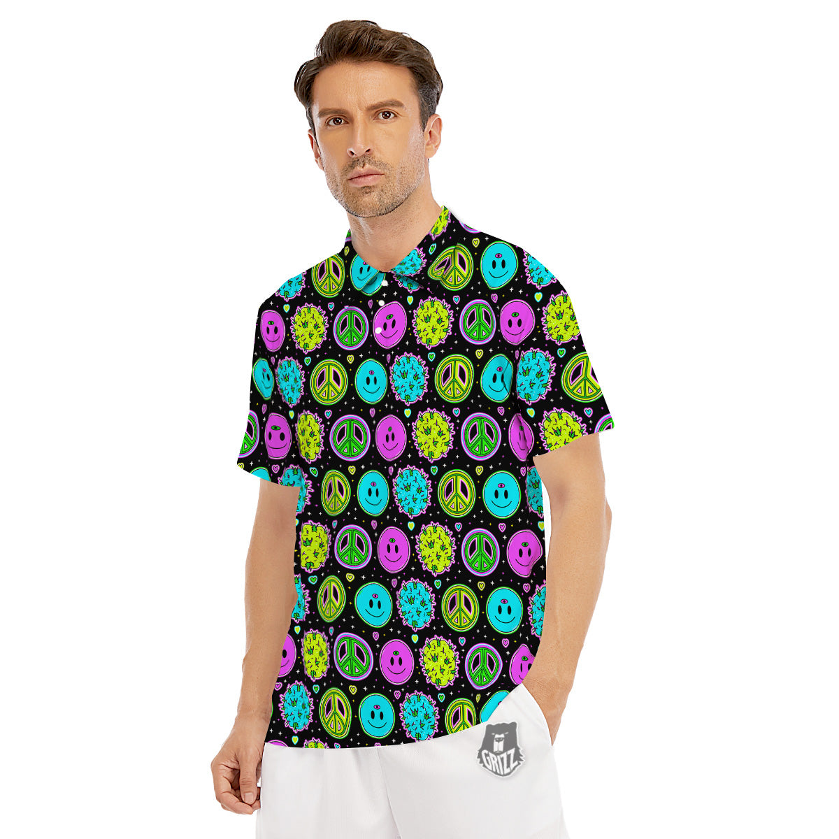 Hippie Peace Symbol And Weed Print Pattern Men's Golf Shirts-grizzshop