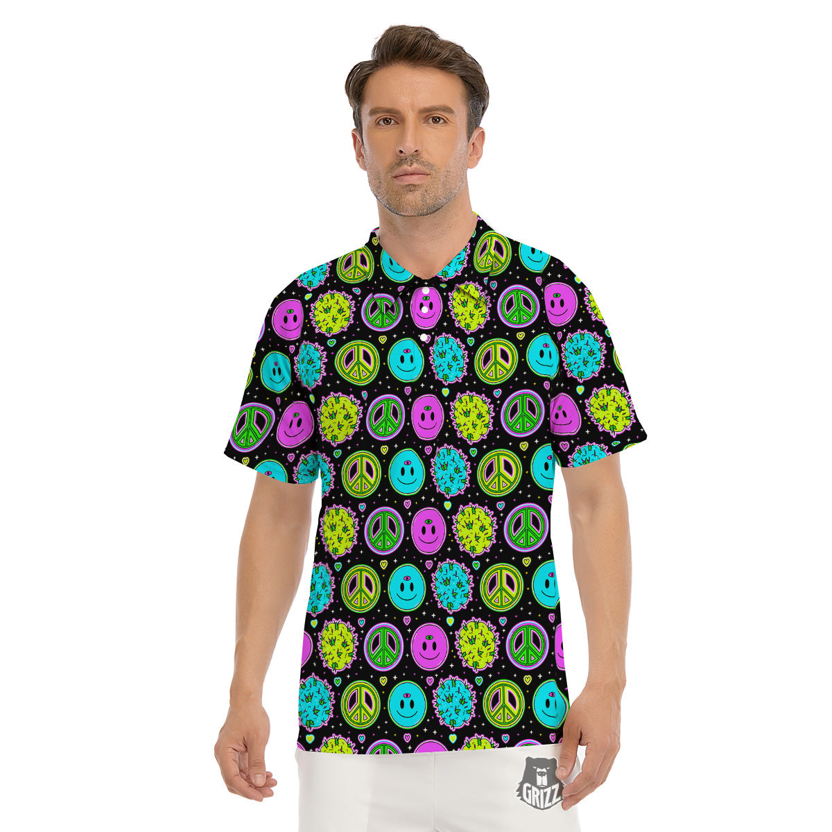 Hippie Peace Symbol And Weed Print Pattern Men's Golf Shirts-grizzshop