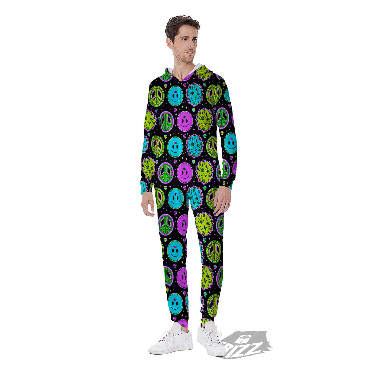Hippie Peace Symbol And Weed Print Pattern Men's Jumpsuit-grizzshop