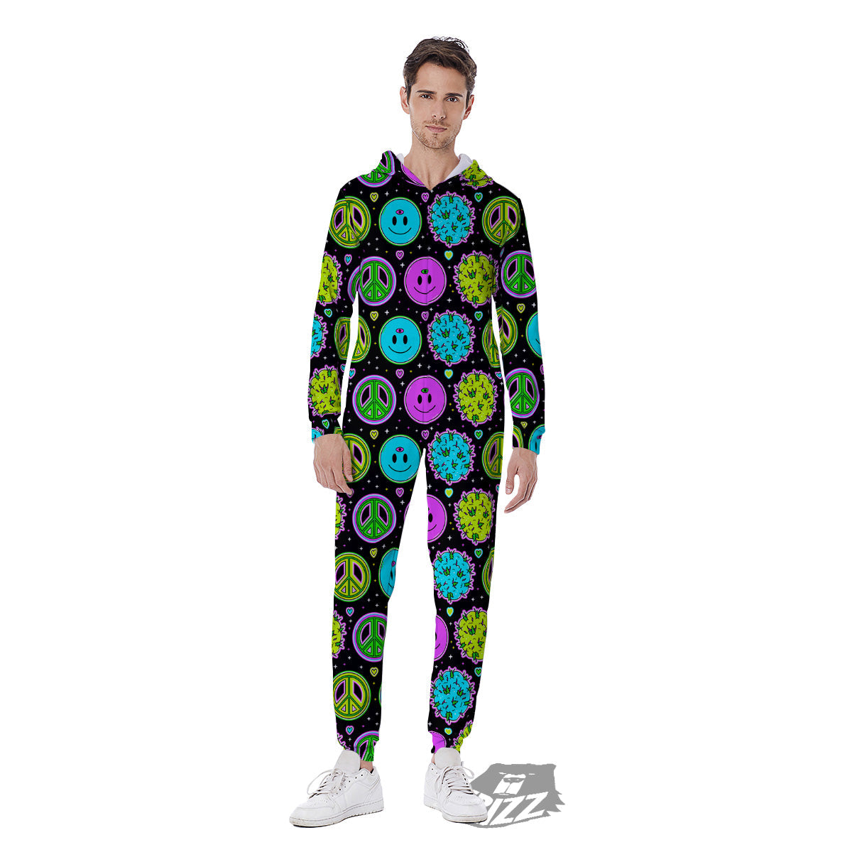 Hippie Peace Symbol And Weed Print Pattern Men's Jumpsuit-grizzshop