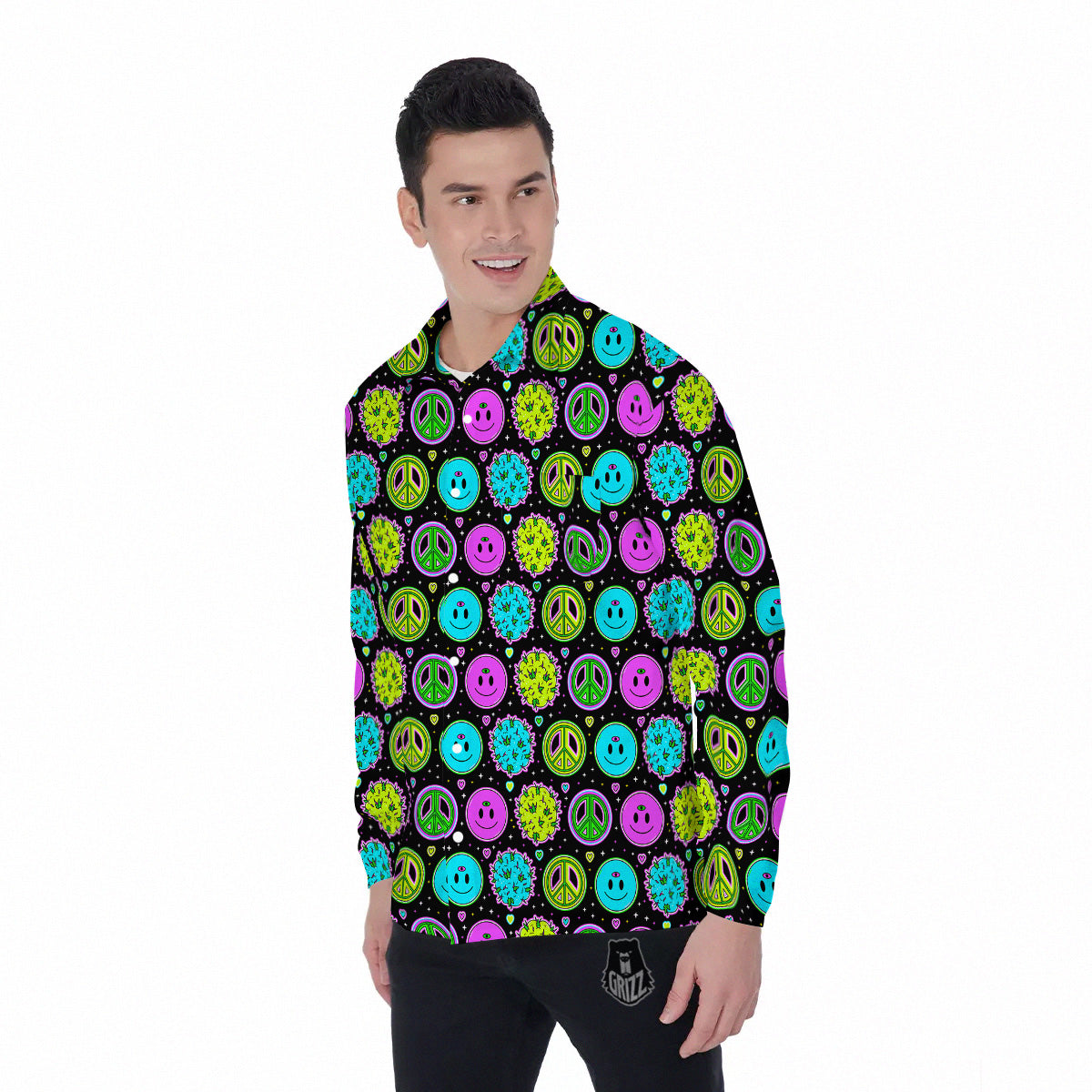 Hippie Peace Symbol And Weed Print Pattern Men's Long Sleeve Shirts-grizzshop