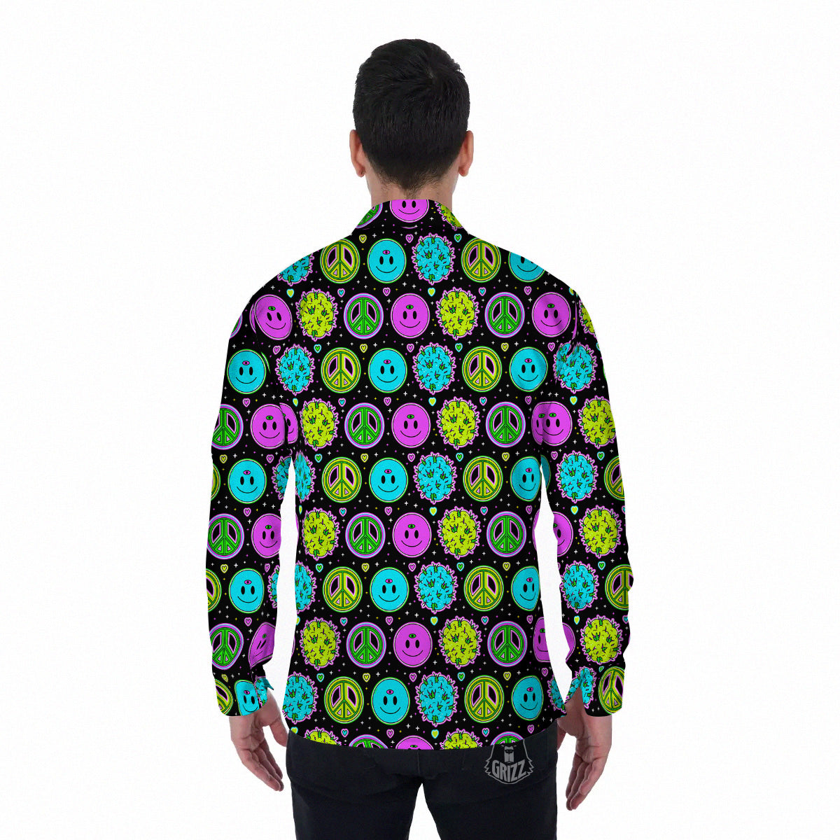 Hippie Peace Symbol And Weed Print Pattern Men's Long Sleeve Shirts-grizzshop