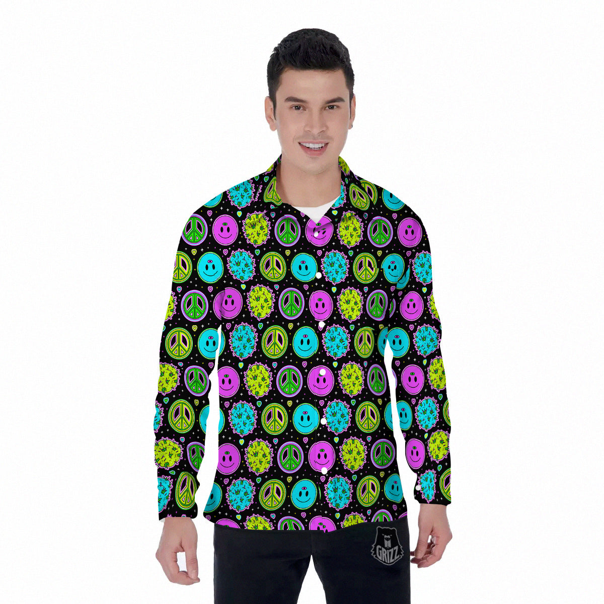 Hippie Peace Symbol And Weed Print Pattern Men's Long Sleeve Shirts-grizzshop