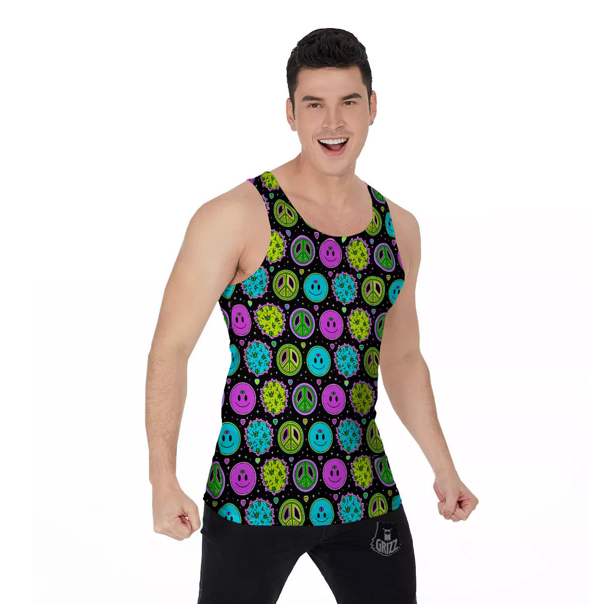 Hippie Peace Symbol And Weed Print Pattern Men's Tank Top-grizzshop