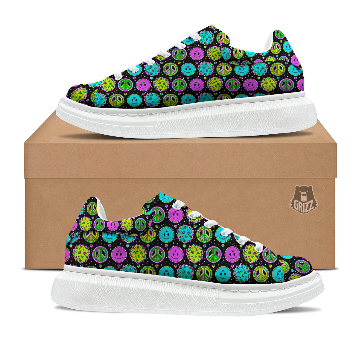Hippie Peace Symbol And Weed Print Pattern Platform Shoes-grizzshop