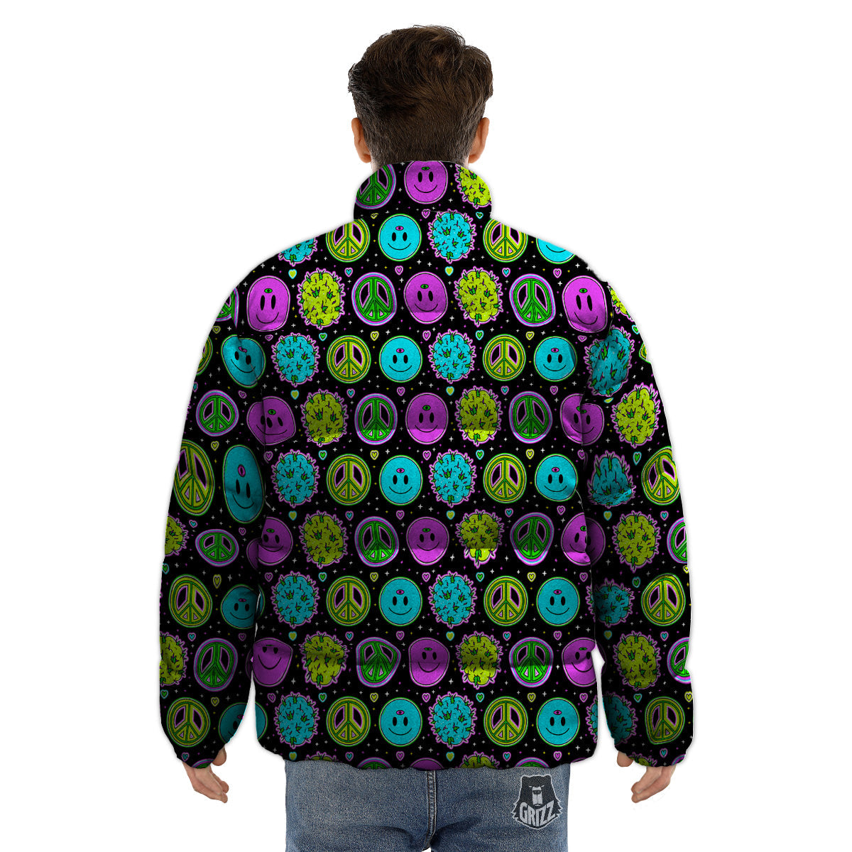 Hippie Peace Symbol And Weed Print Pattern Puffer Jacket-grizzshop