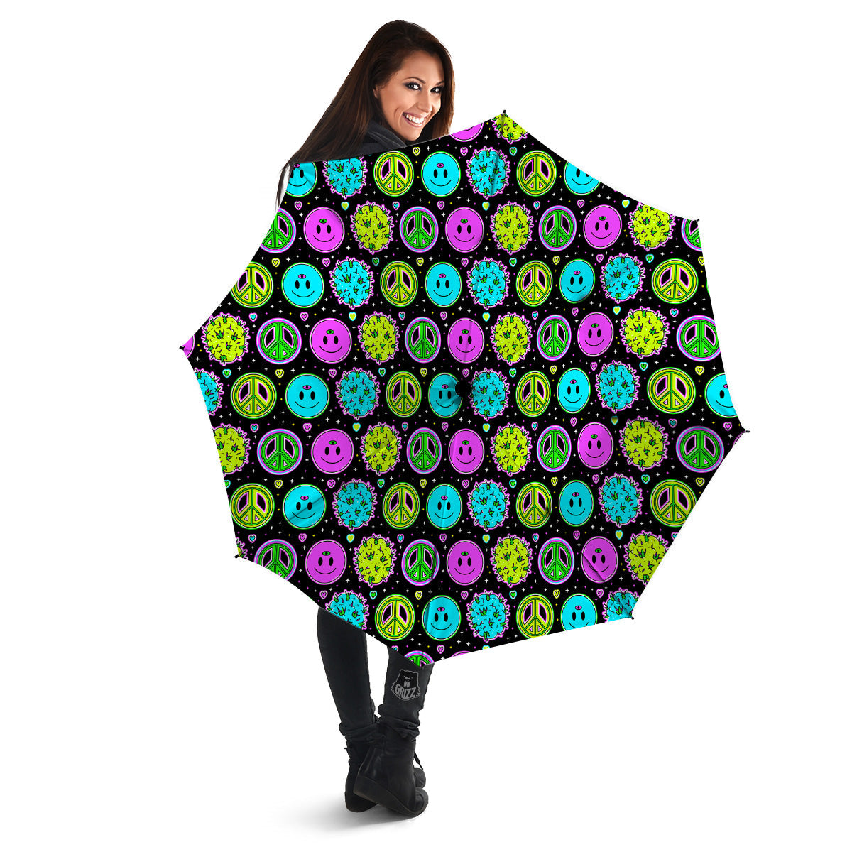 Hippie Peace Symbol And Weed Print Pattern Umbrella-grizzshop