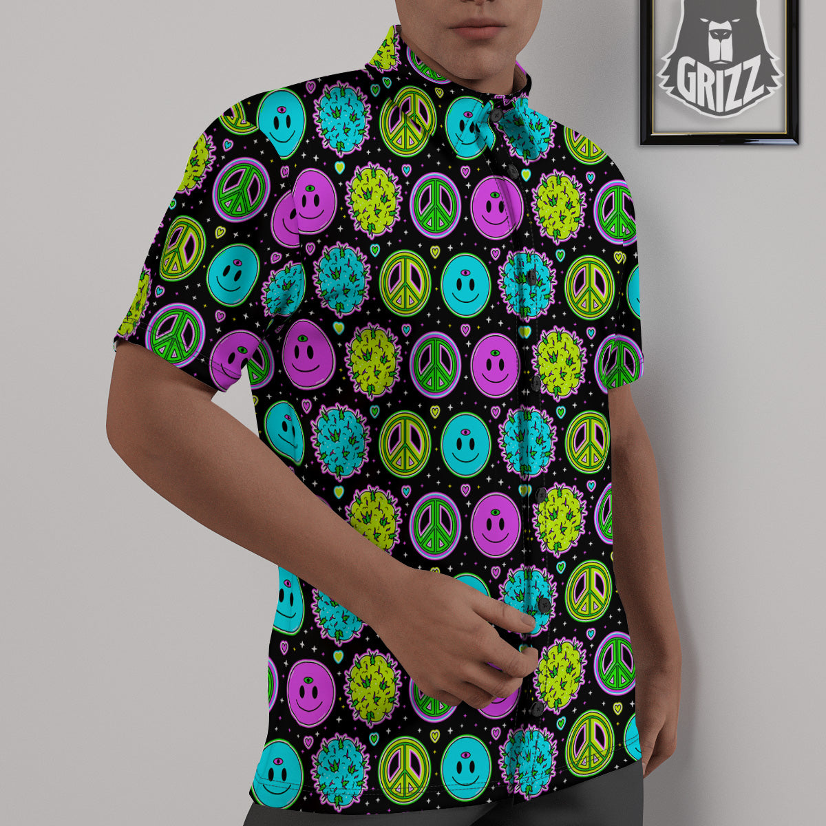 Hippie Peace Symbol And Weed Print Pattern Untucked Shirts-grizzshop