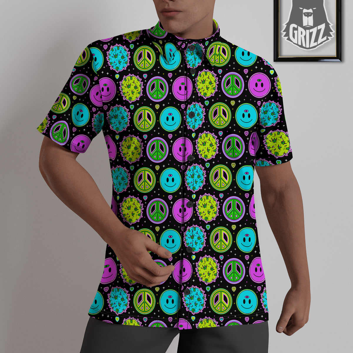 Hippie Peace Symbol And Weed Print Pattern Untucked Shirts-grizzshop