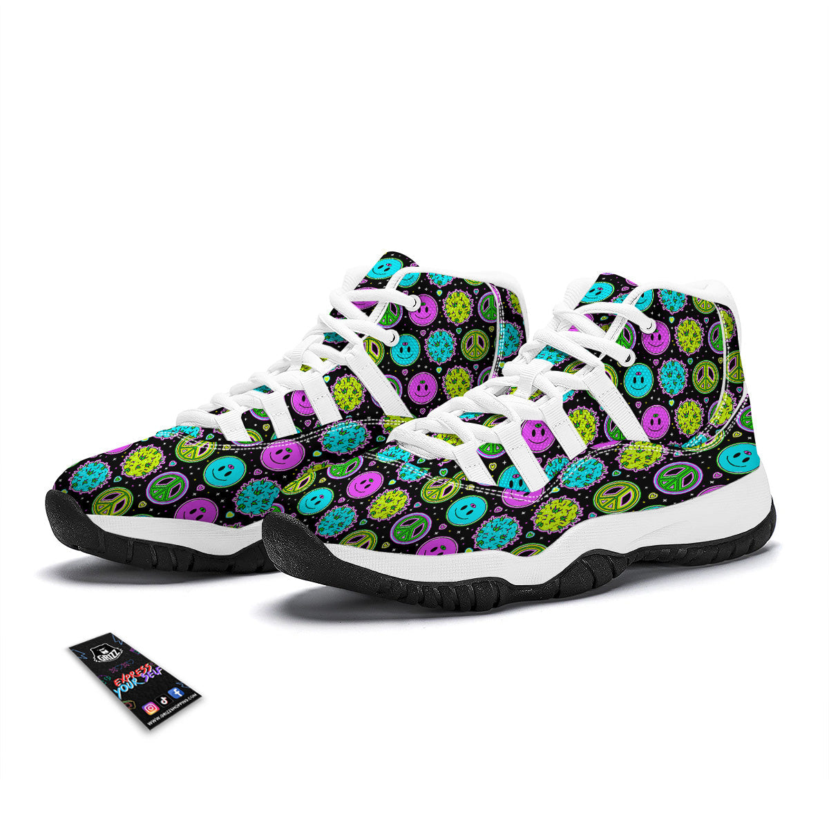 Hippie Peace Symbol And Weed Print Pattern White Bball Shoes-grizzshop