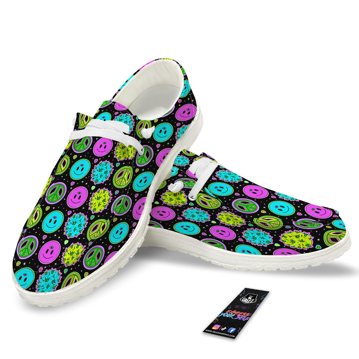 Hippie Peace Symbol And Weed Print Pattern White Loafers-grizzshop
