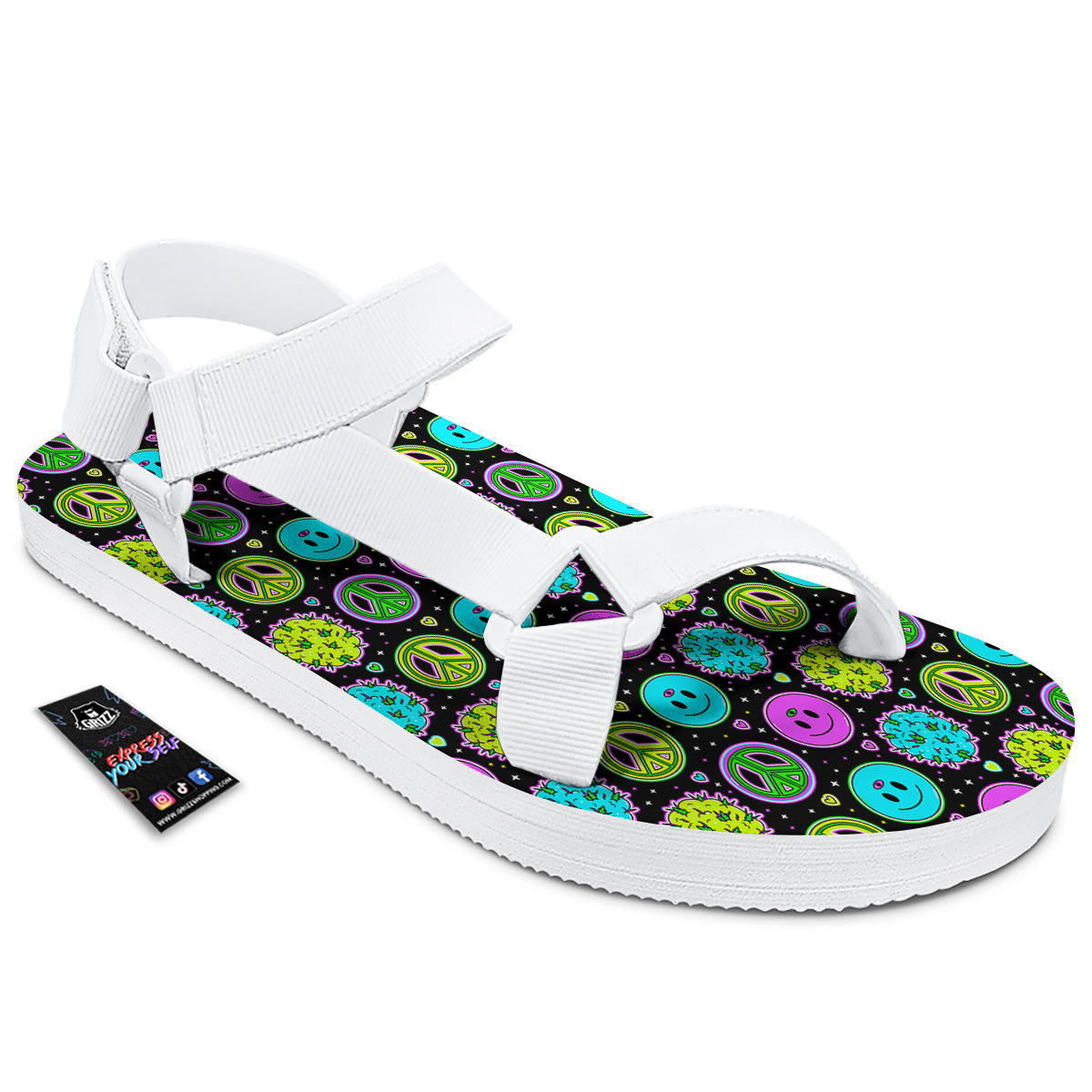 Hippie Peace Symbol And Weed Print Pattern White Open Toe Sandals-grizzshop