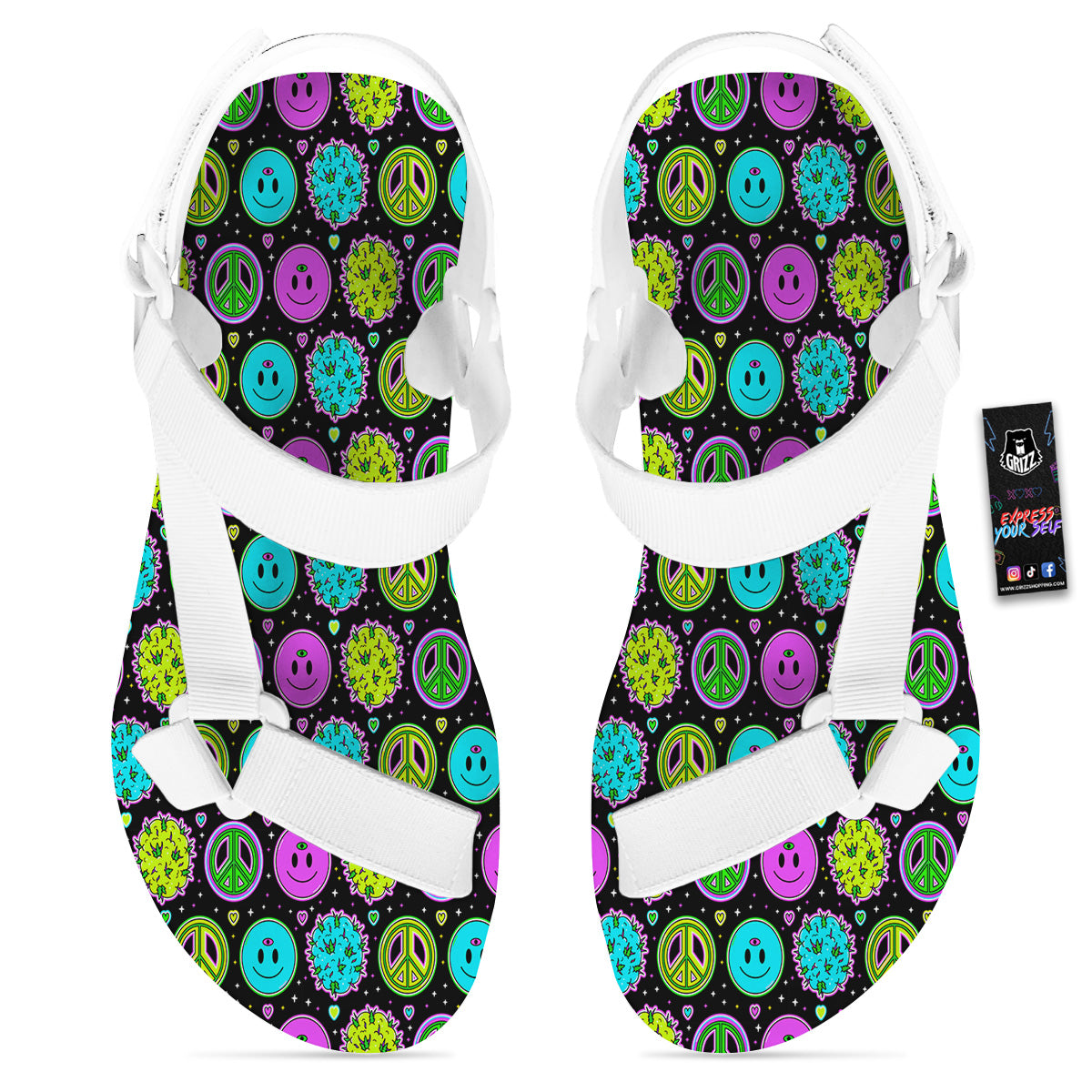Hippie Peace Symbol And Weed Print Pattern White Open Toe Sandals-grizzshop