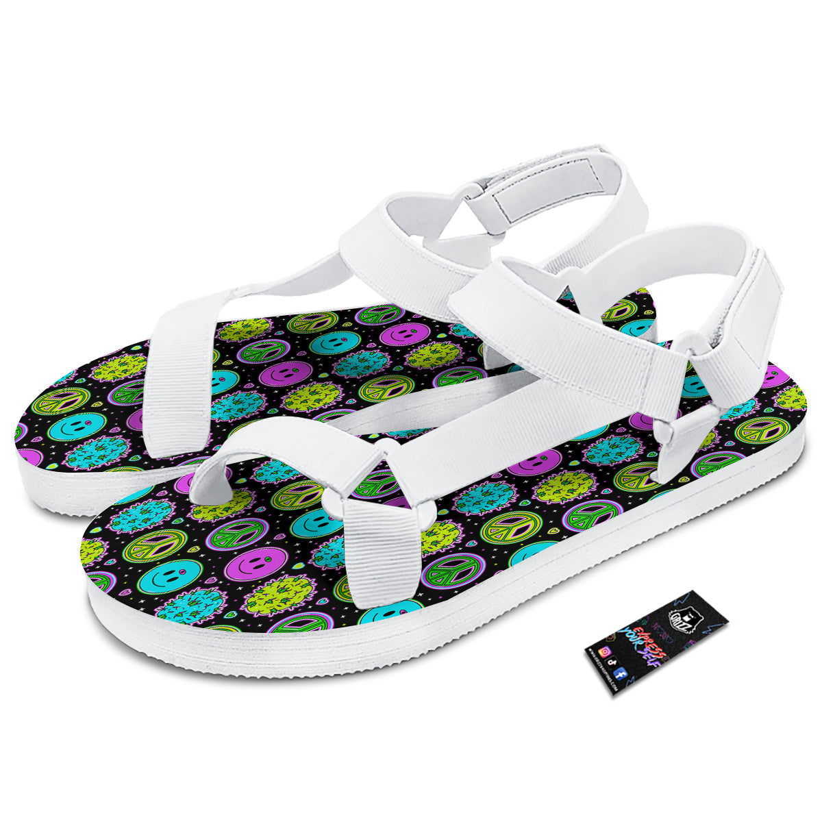 Hippie Peace Symbol And Weed Print Pattern White Open Toe Sandals-grizzshop