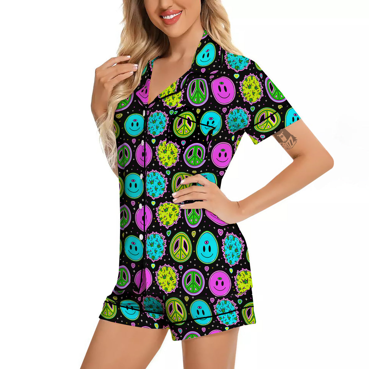 Hippie Peace Symbol And Weed Print Pattern Women Silk Pajamas-grizzshop