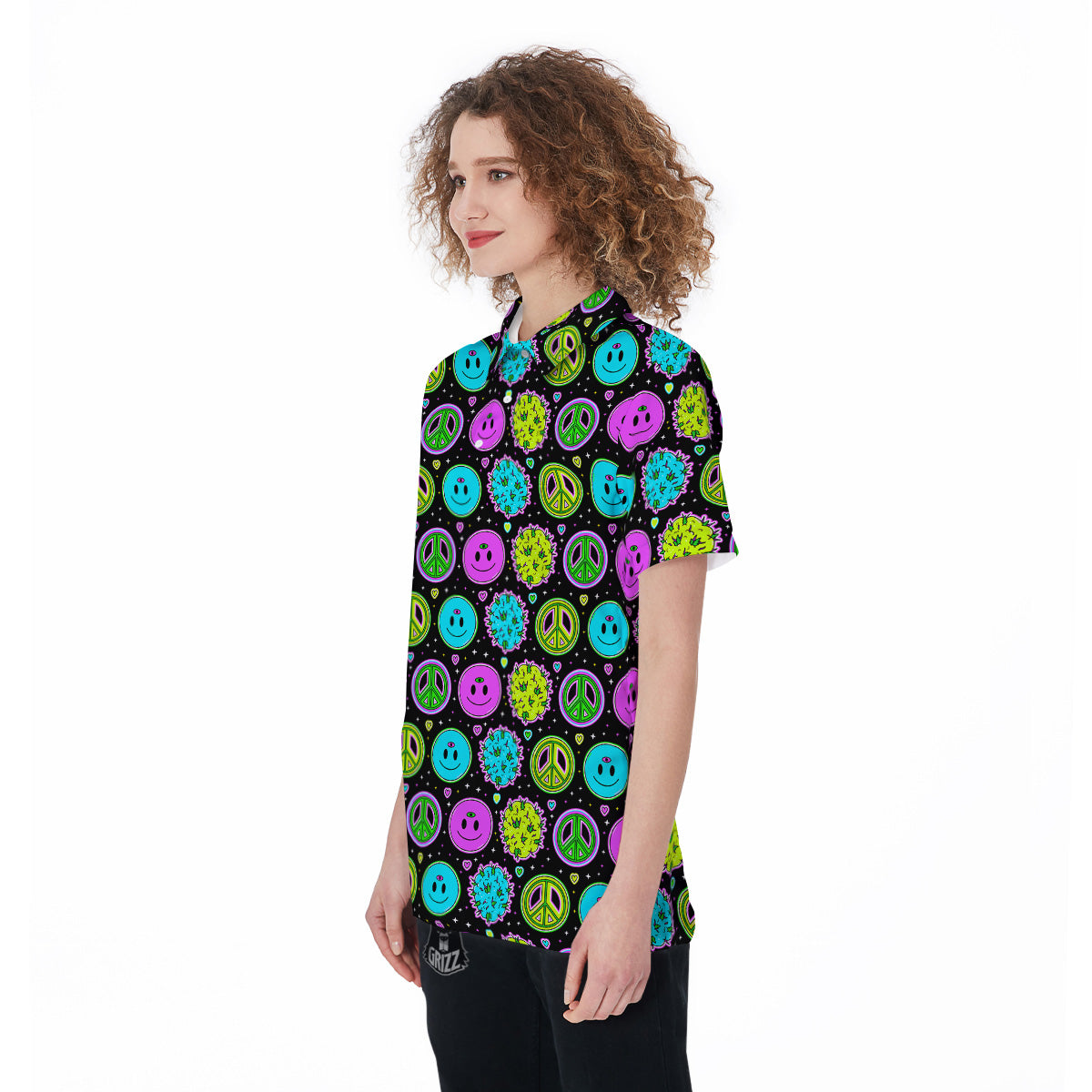 Hippie Peace Symbol And Weed Print Pattern Women's Golf Shirts-grizzshop