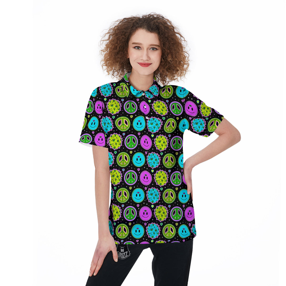 Hippie Peace Symbol And Weed Print Pattern Women's Golf Shirts-grizzshop