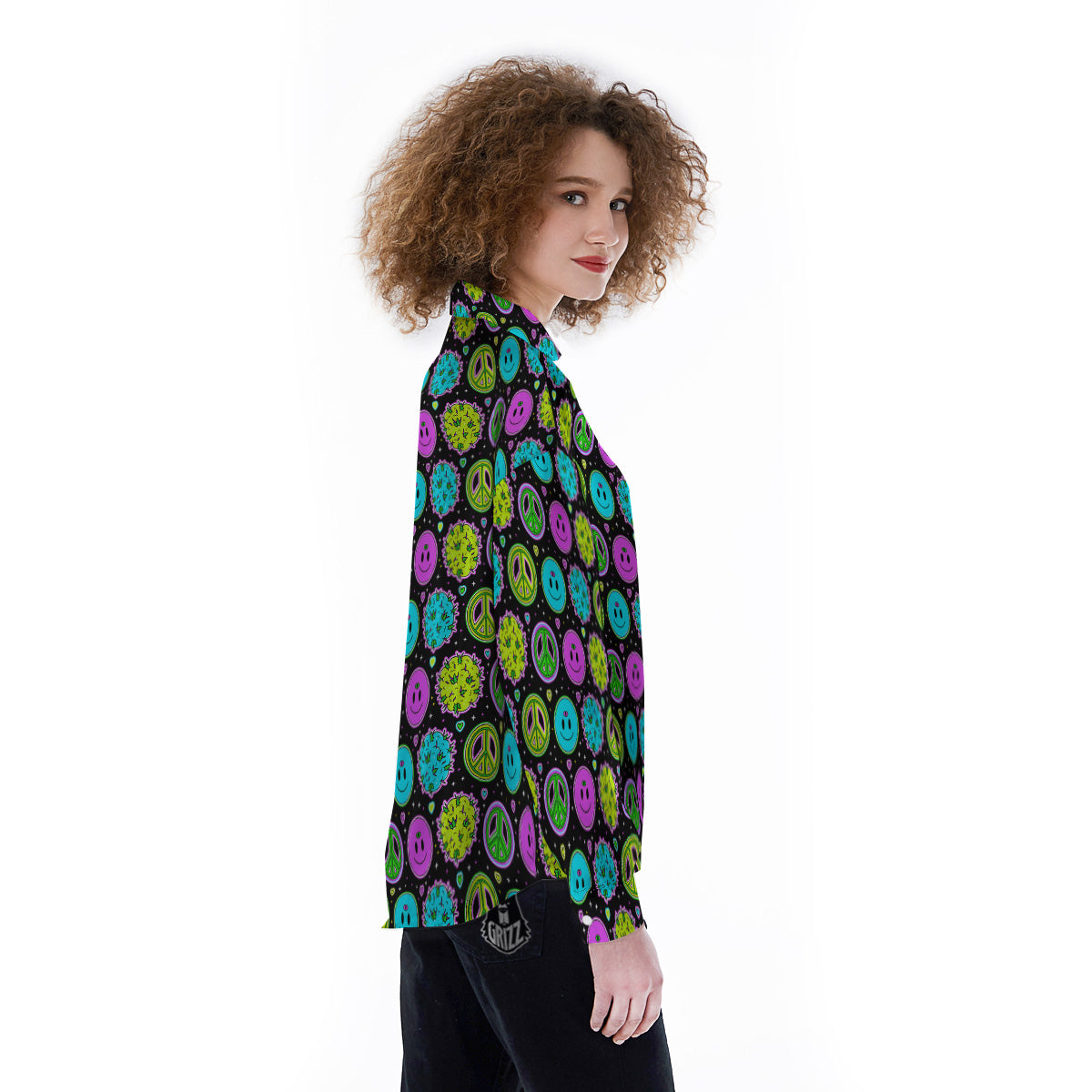 Hippie Peace Symbol And Weed Print Pattern Women's Long Sleeve Shirts-grizzshop