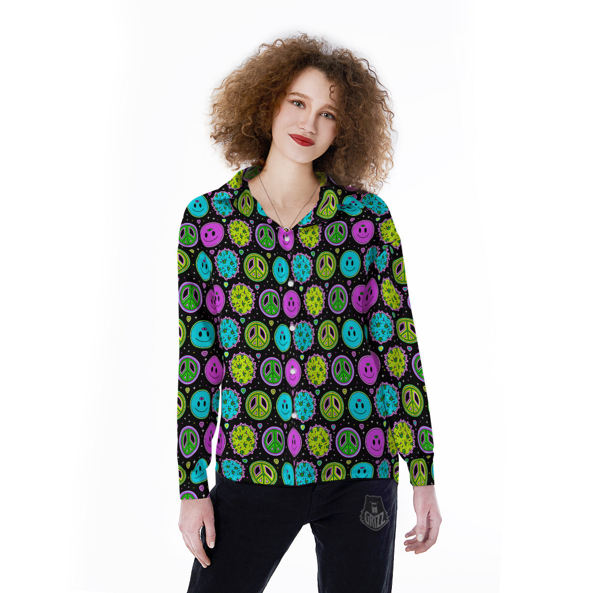 Hippie Peace Symbol And Weed Print Pattern Women's Long Sleeve Shirts-grizzshop