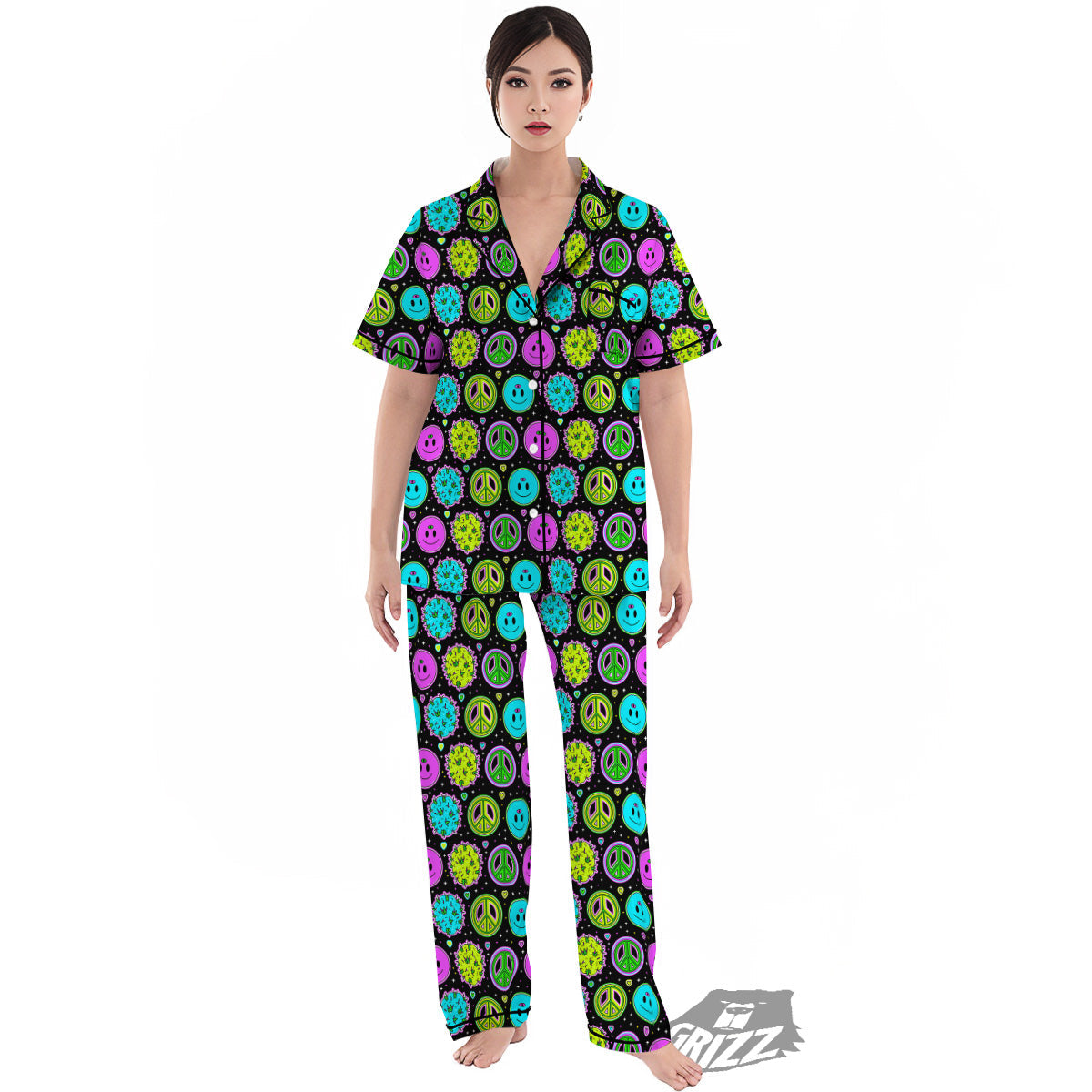 Hippie Peace Symbol And Weed Print Pattern Women's Pajamas Set-grizzshop