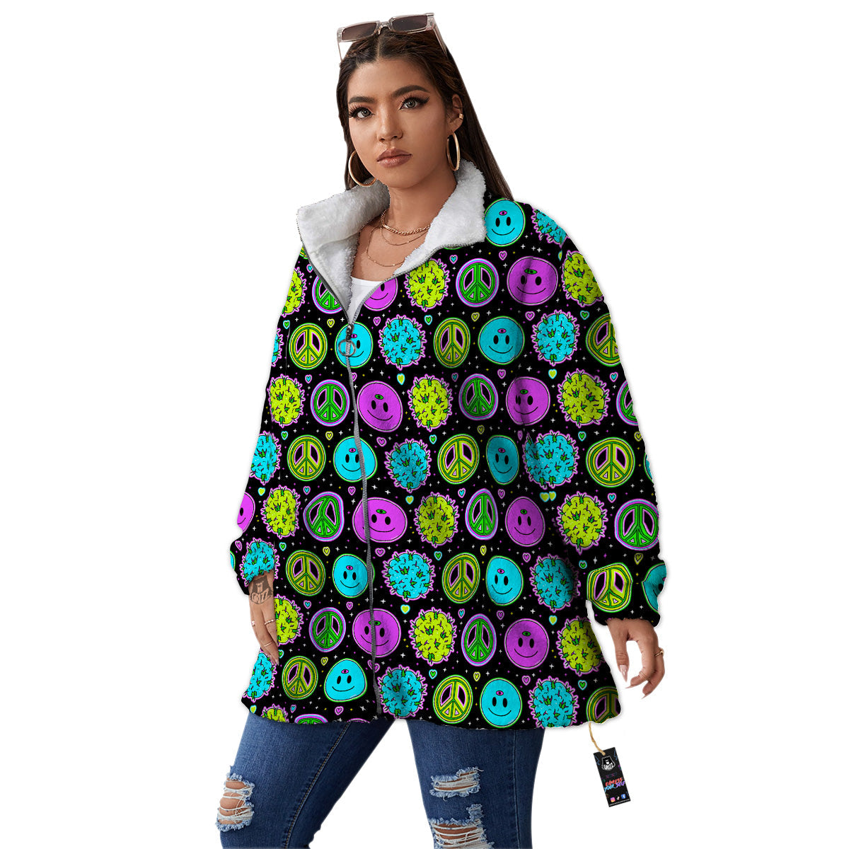 Hippie Peace Symbol And Weed Print Pattern Women's Sherpa Jacket-grizzshop