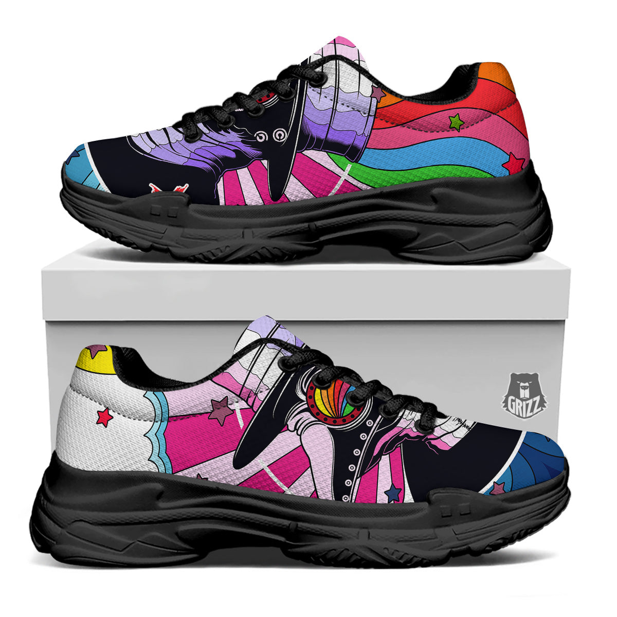 Hippie Plague Doctor Colorful Print Black Chunky Shoes-grizzshop