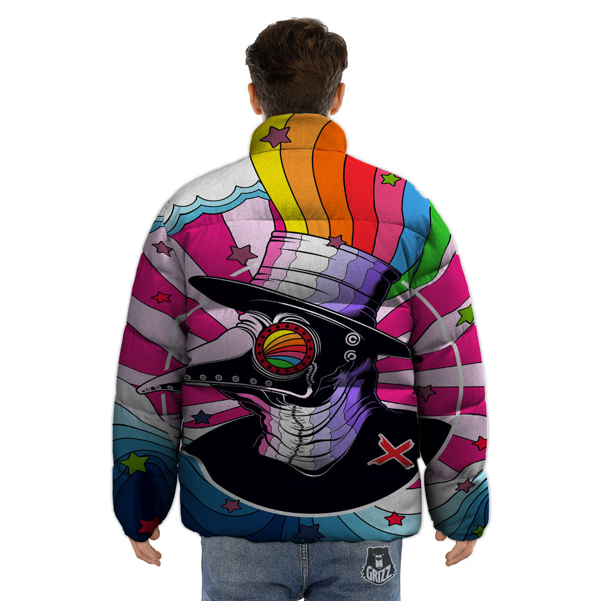 Hippie Plague Doctor Colorful Print Puffer Jacket-grizzshop