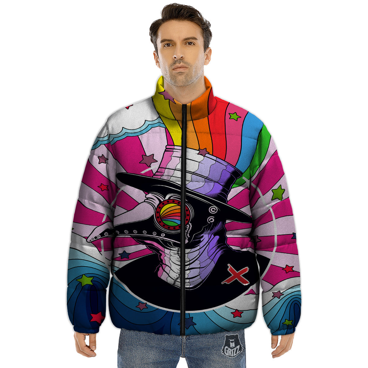 Hippie Plague Doctor Colorful Print Puffer Jacket-grizzshop