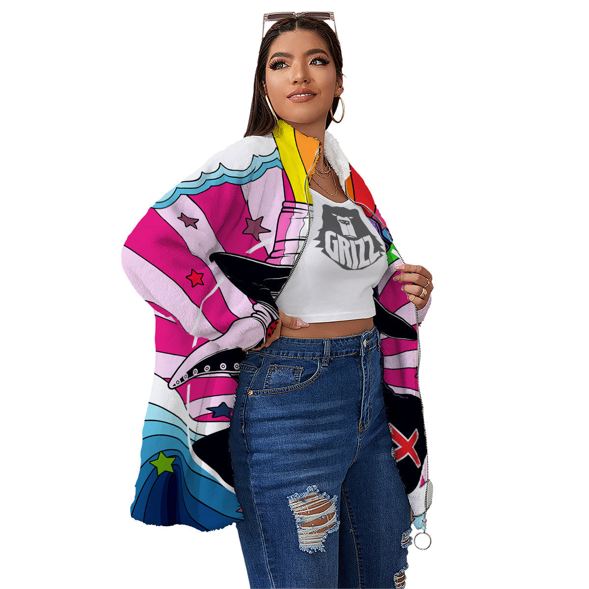 Hippie Plague Doctor Colorful Print Women's Sherpa Jacket-grizzshop