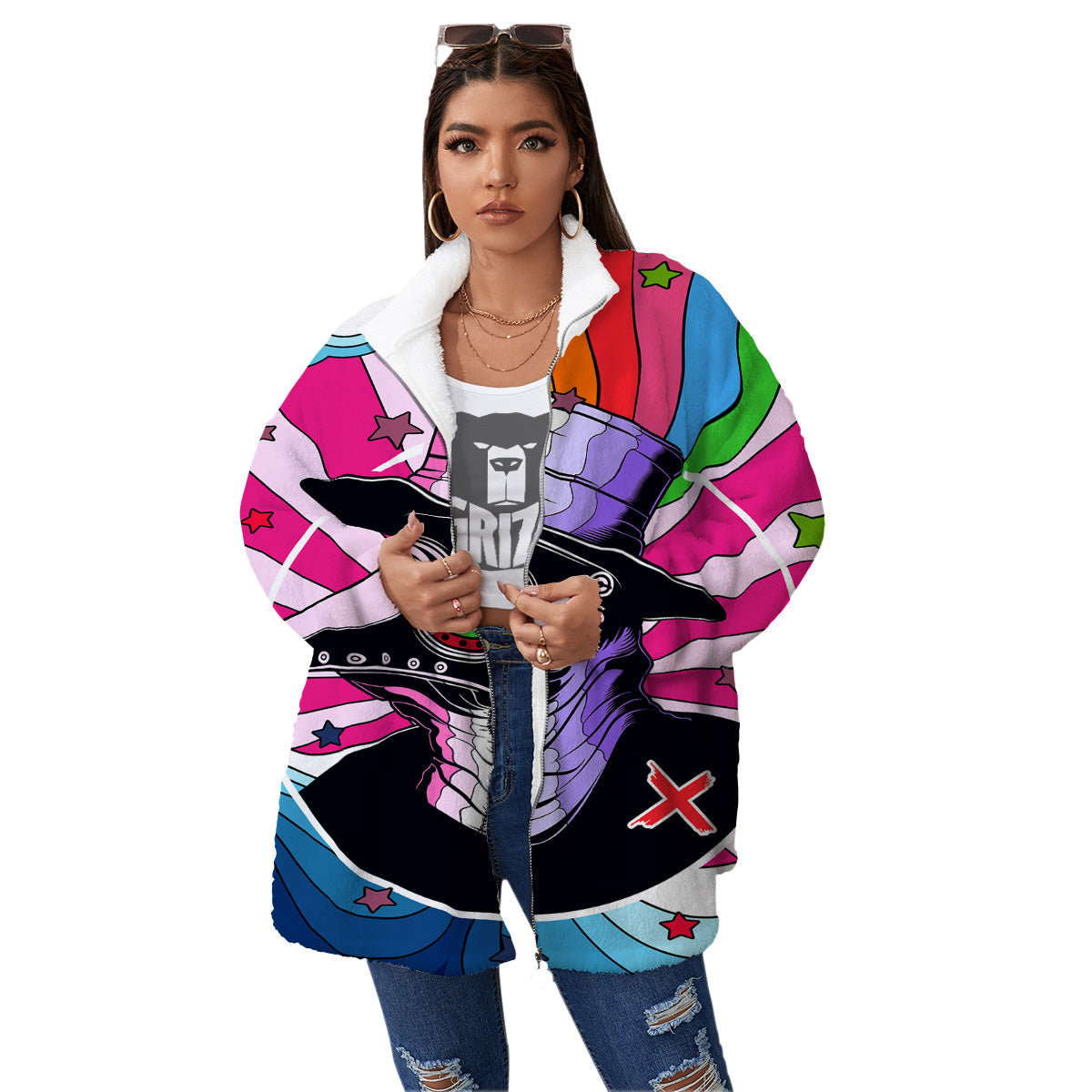 Hippie Plague Doctor Colorful Print Women's Sherpa Jacket-grizzshop