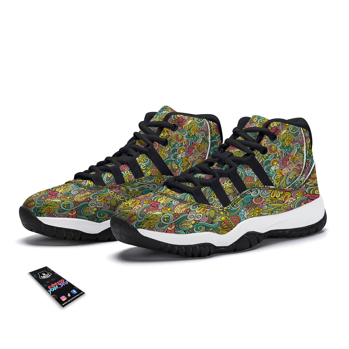 Hippie Psychedelic Van Peace Sign Pattern Print Black Bball Shoes-grizzshop