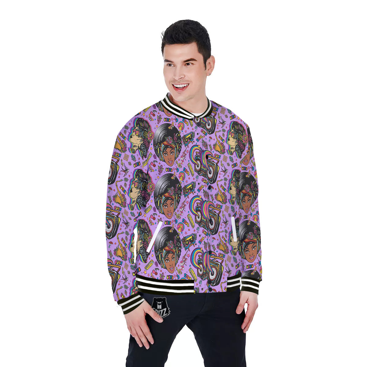Hippie Retro Funky Women Print Pattern Baseball Jacket-grizzshop