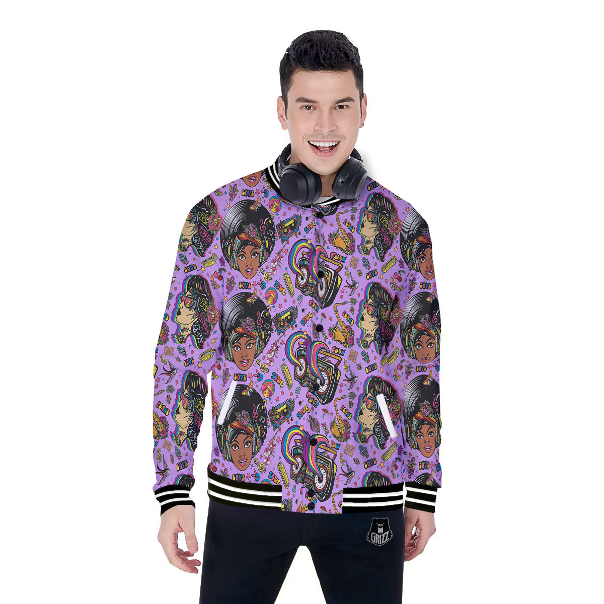 Hippie Retro Funky Women Print Pattern Baseball Jacket-grizzshop