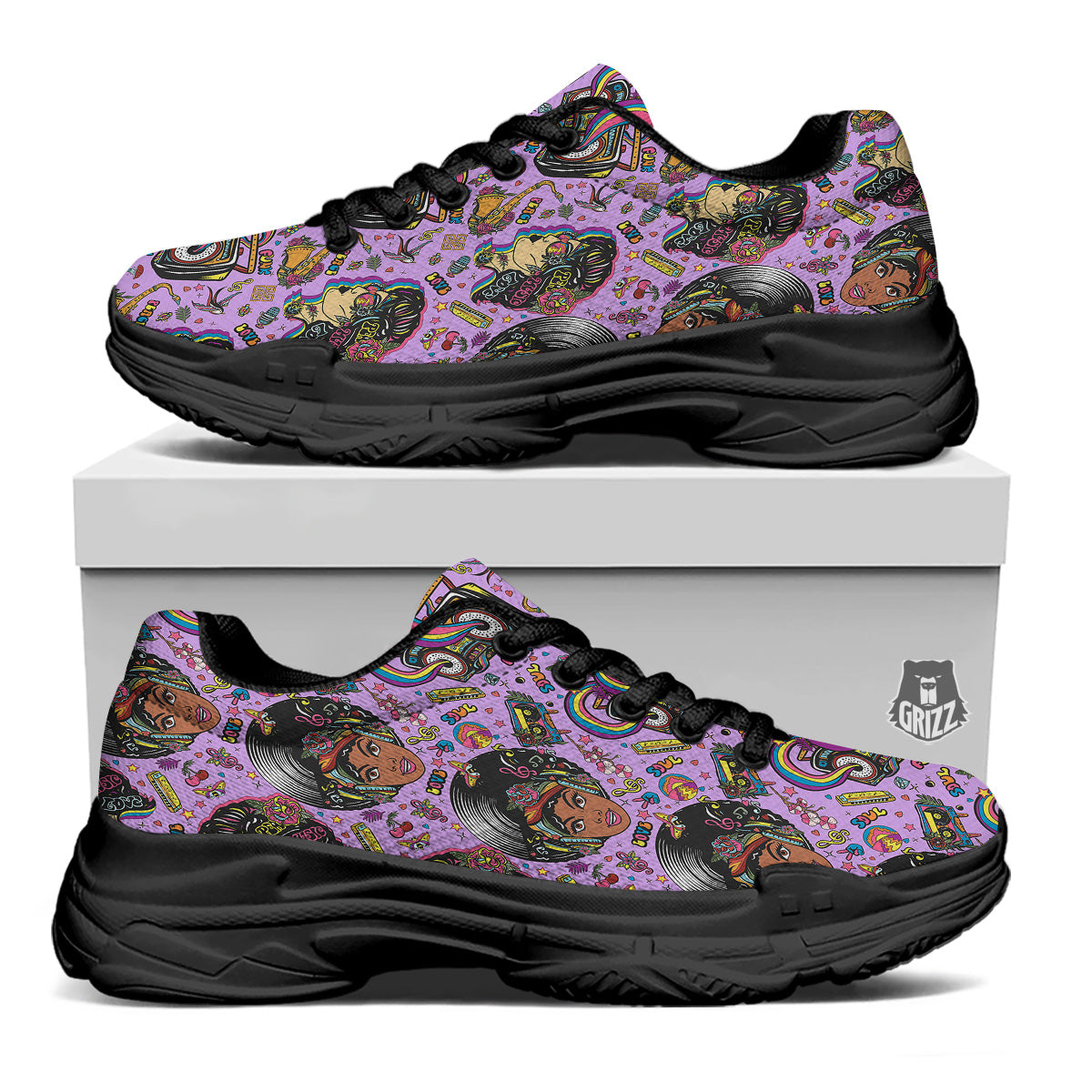 Hippie Retro Funky Women Print Pattern Black Chunky Shoes-grizzshop