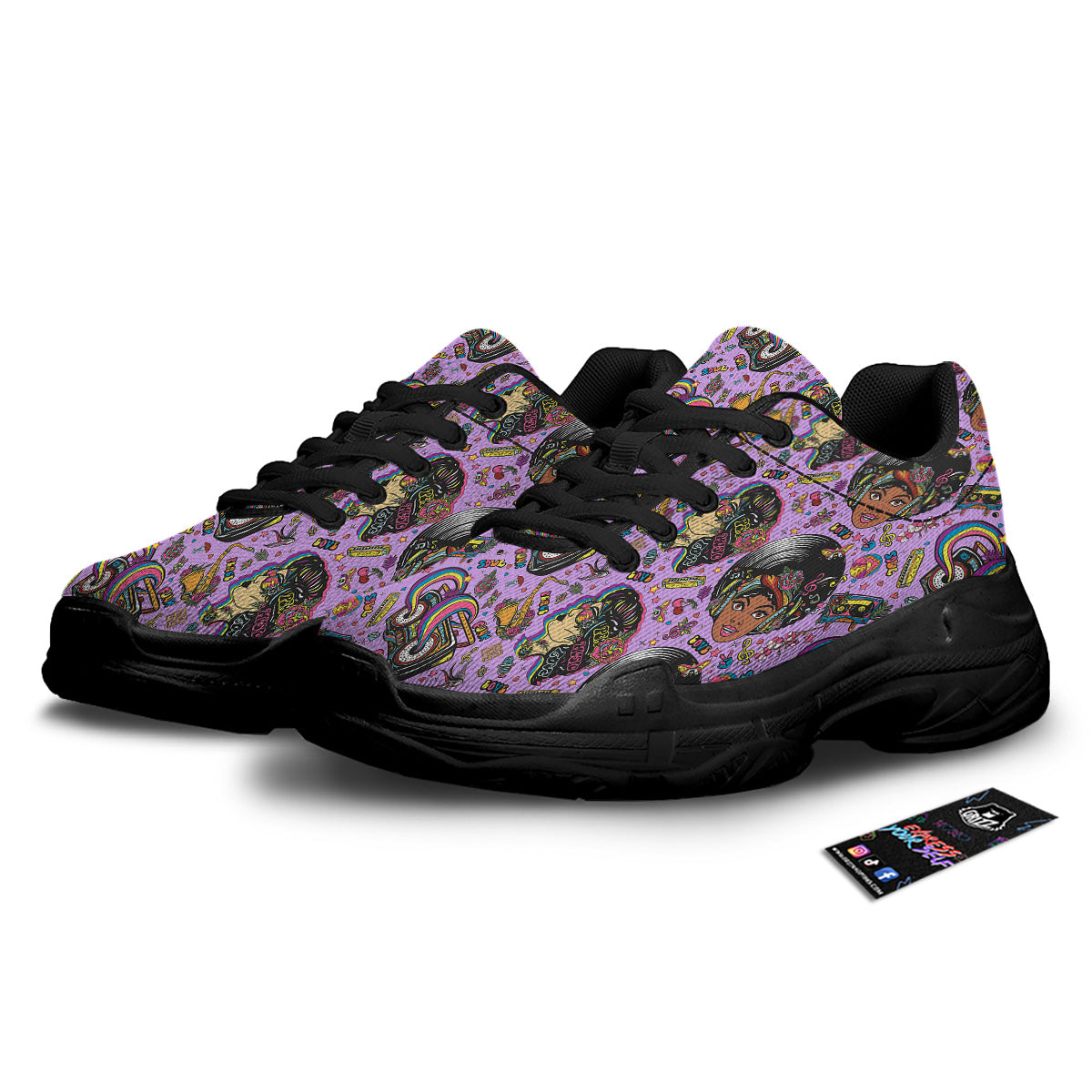 Hippie Retro Funky Women Print Pattern Black Chunky Shoes-grizzshop