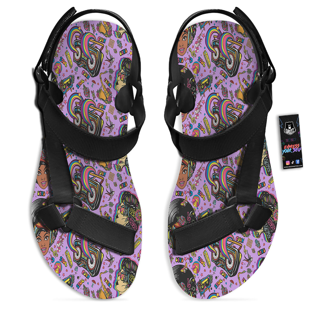 Hippie Retro Funky Women Print Pattern Black Open Toe Sandals-grizzshop