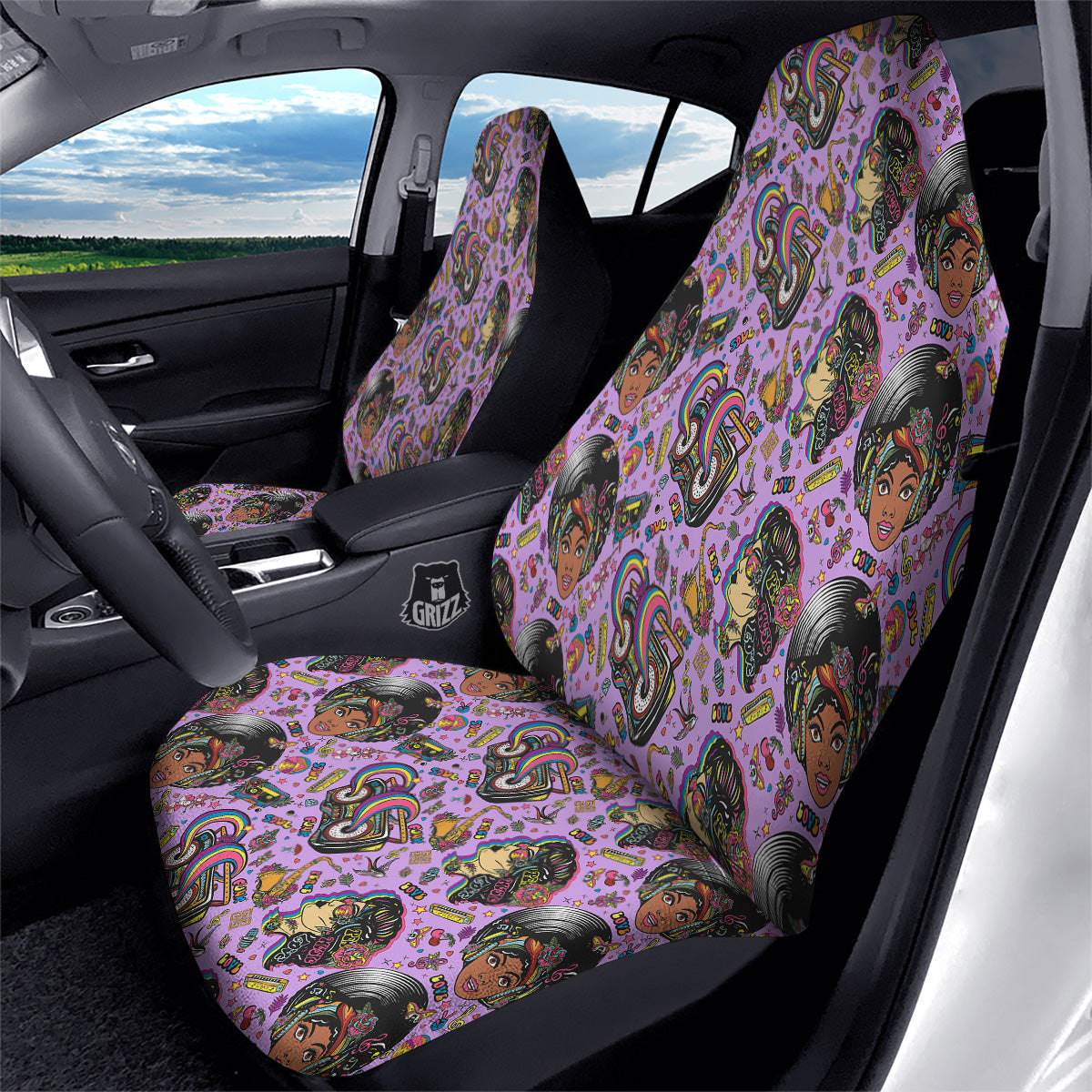 Hippie Retro Funky Women Print Pattern Car Seat Covers-grizzshop