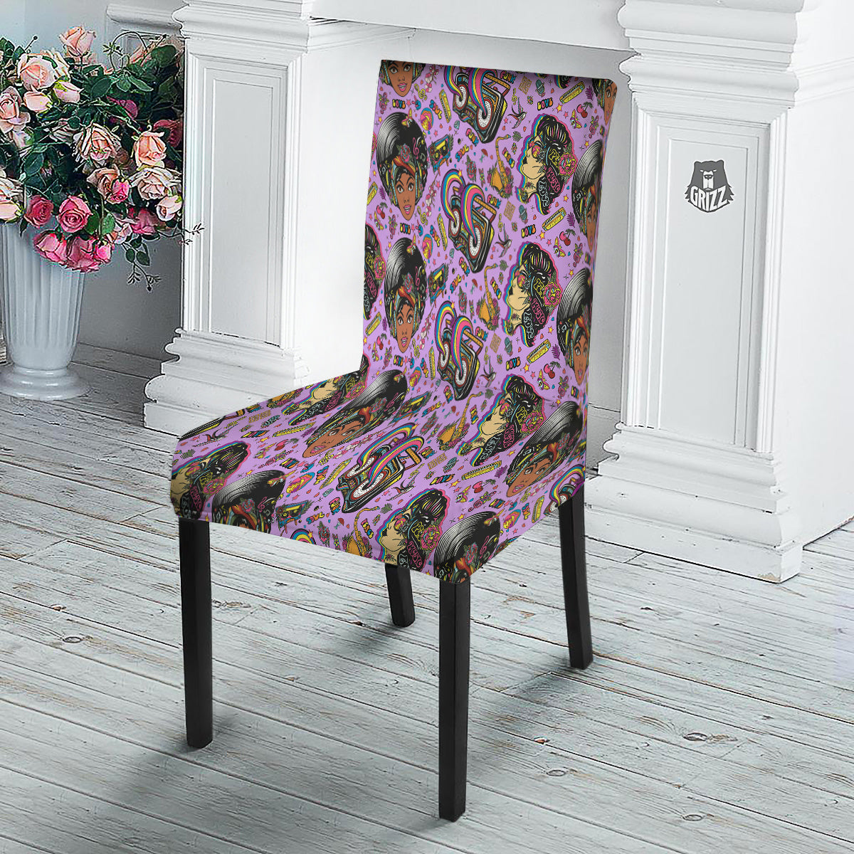 Hippie Retro Funky Women Print Pattern Dining Chair Slipcover-grizzshop