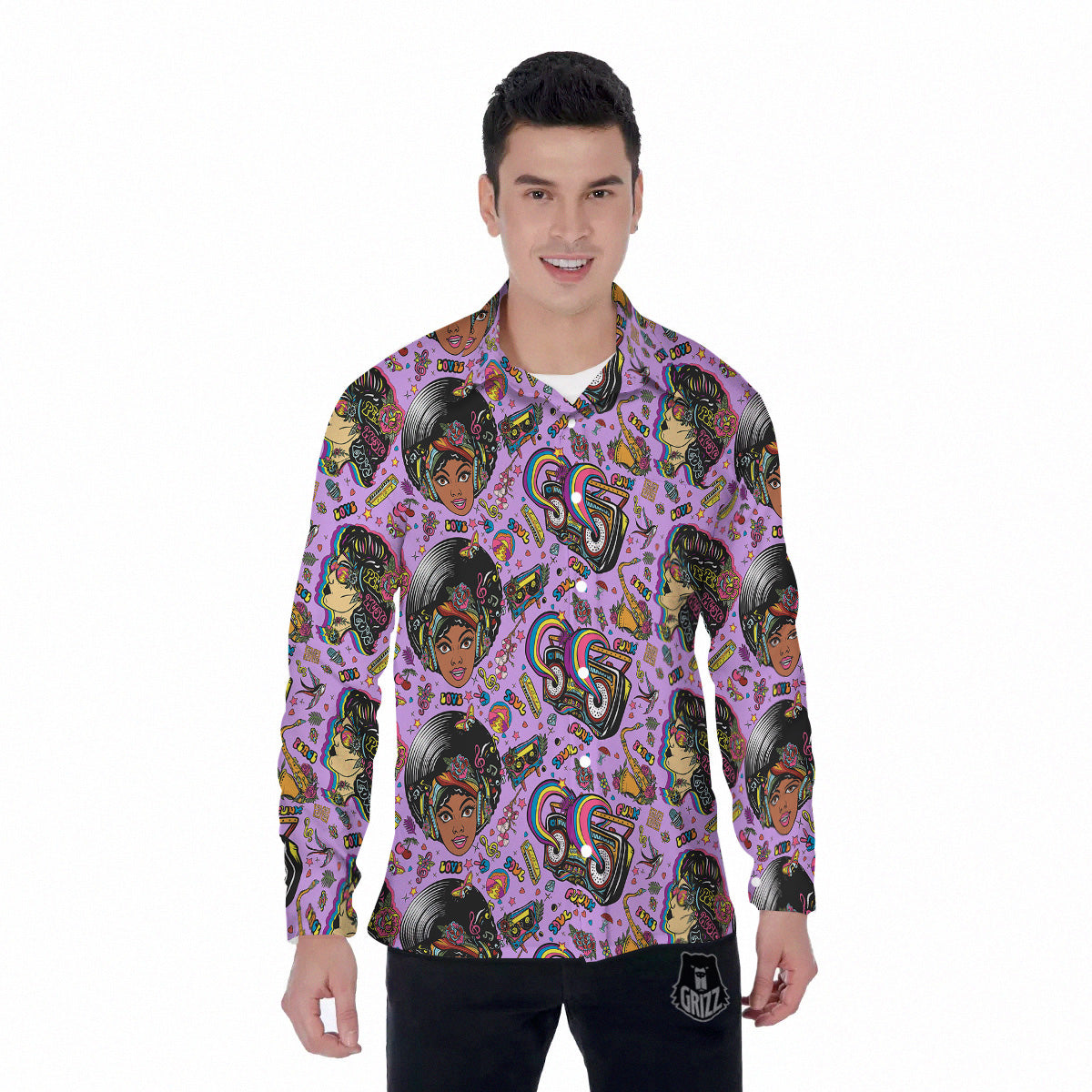 Hippie Retro Funky Women Print Pattern Men's Long Sleeve Shirts-grizzshop