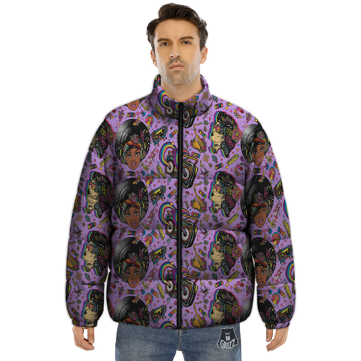 Hippie Retro Funky Women Print Pattern Puffer Jacket-grizzshop