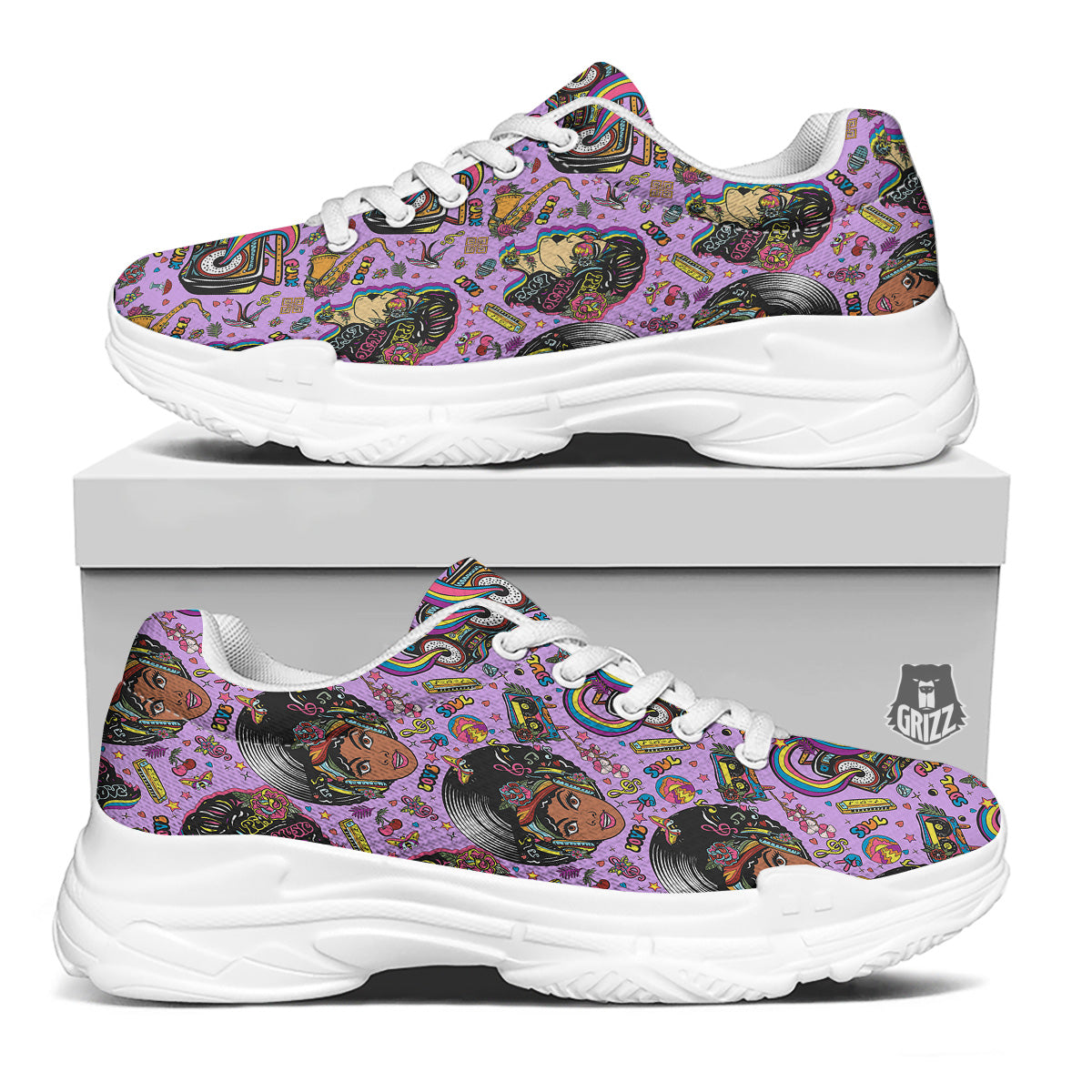 Hippie Retro Funky Women Print Pattern White Chunky Shoes-grizzshop