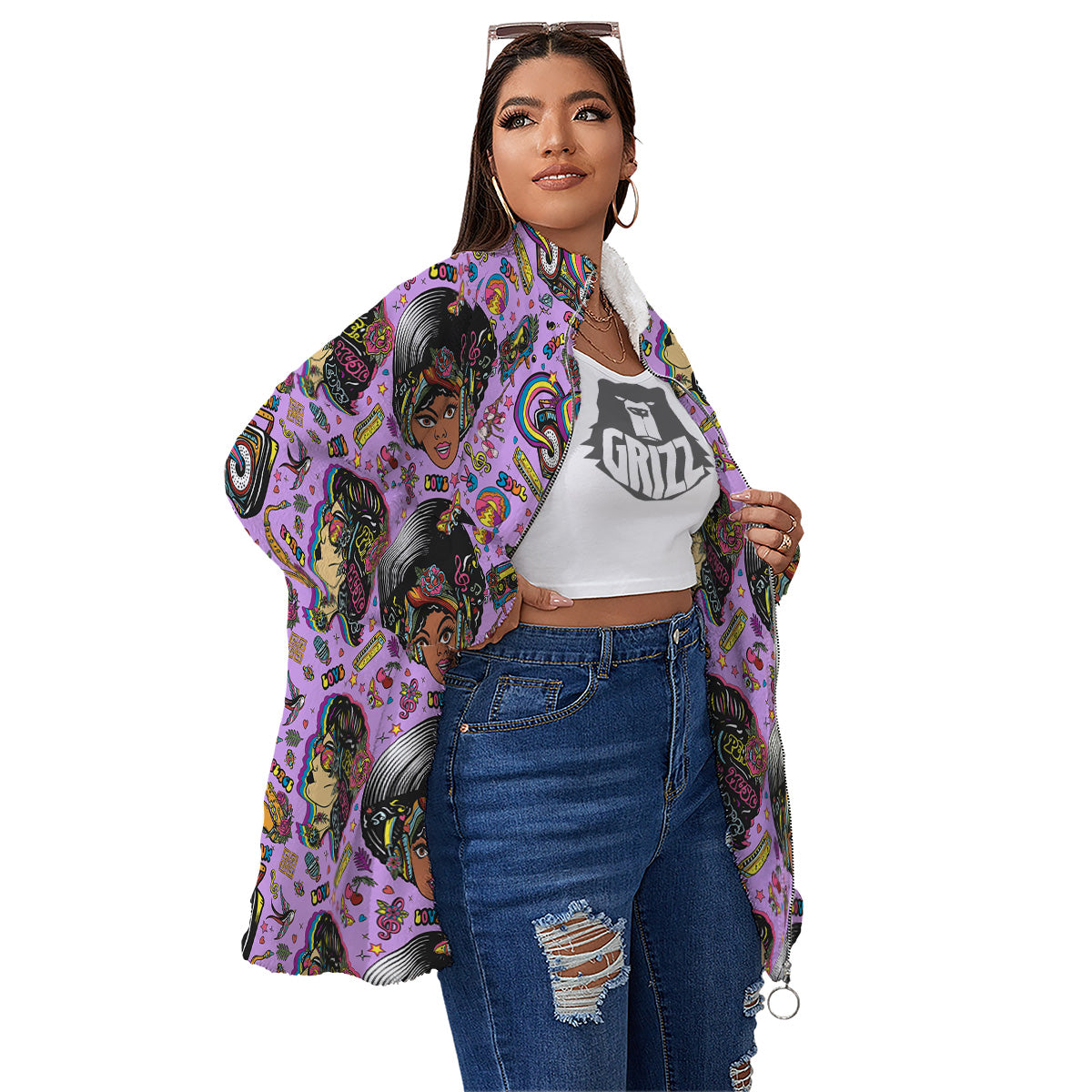 Hippie Retro Funky Women Print Pattern Women's Sherpa Jacket-grizzshop