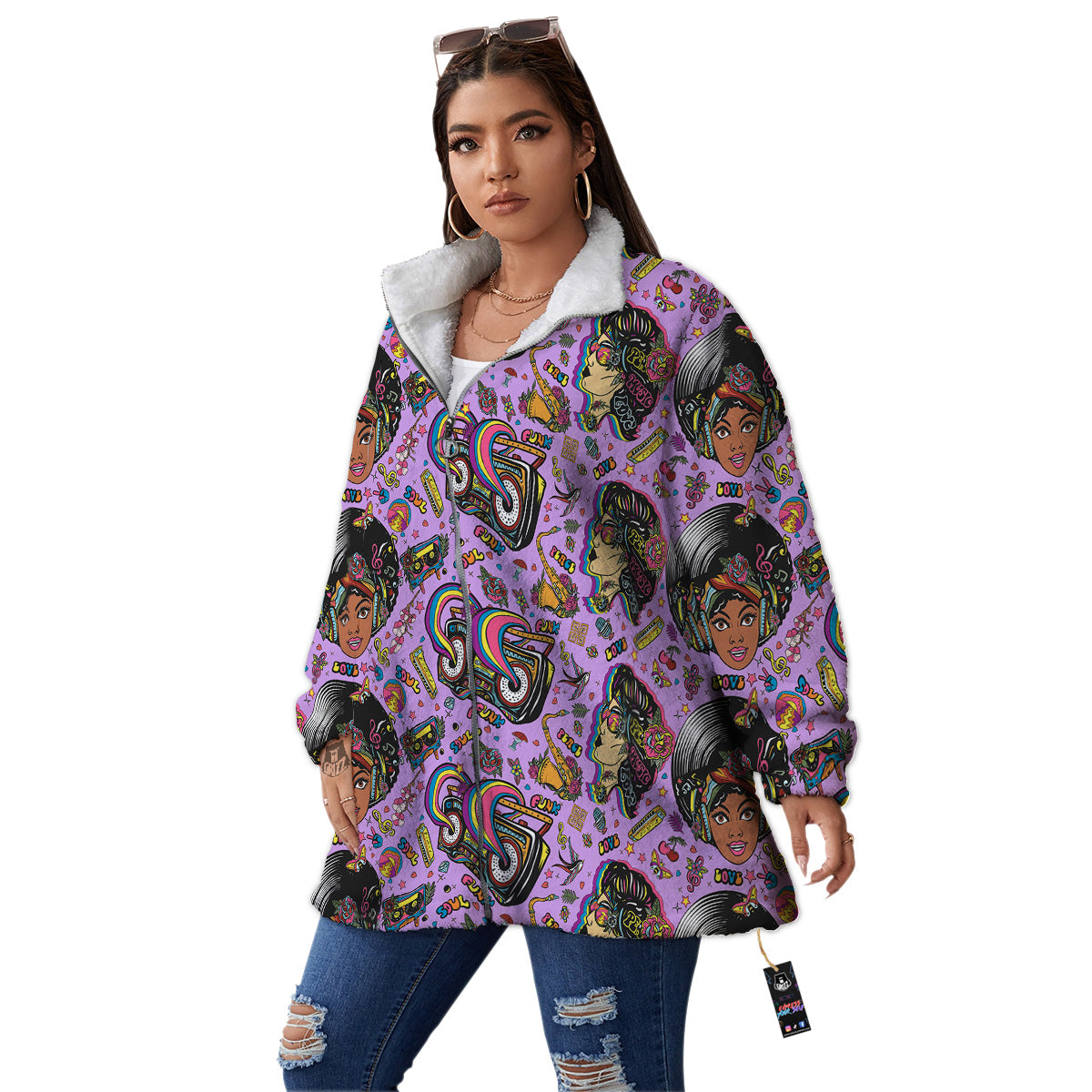 Hippie Retro Funky Women Print Pattern Women's Sherpa Jacket-grizzshop