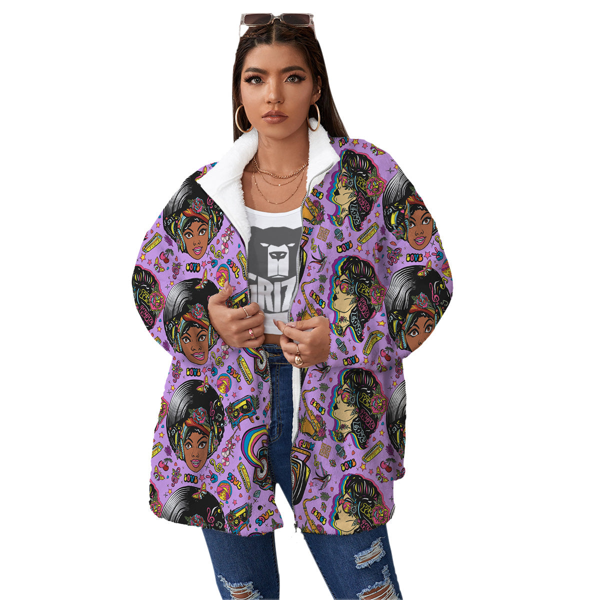 Hippie Retro Funky Women Print Pattern Women's Sherpa Jacket-grizzshop