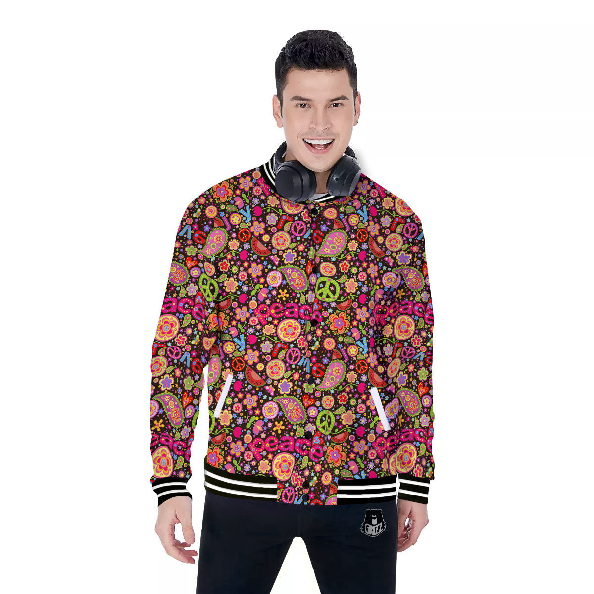 Hippie Sign Peace Flower Print Pattern Baseball Jacket-grizzshop