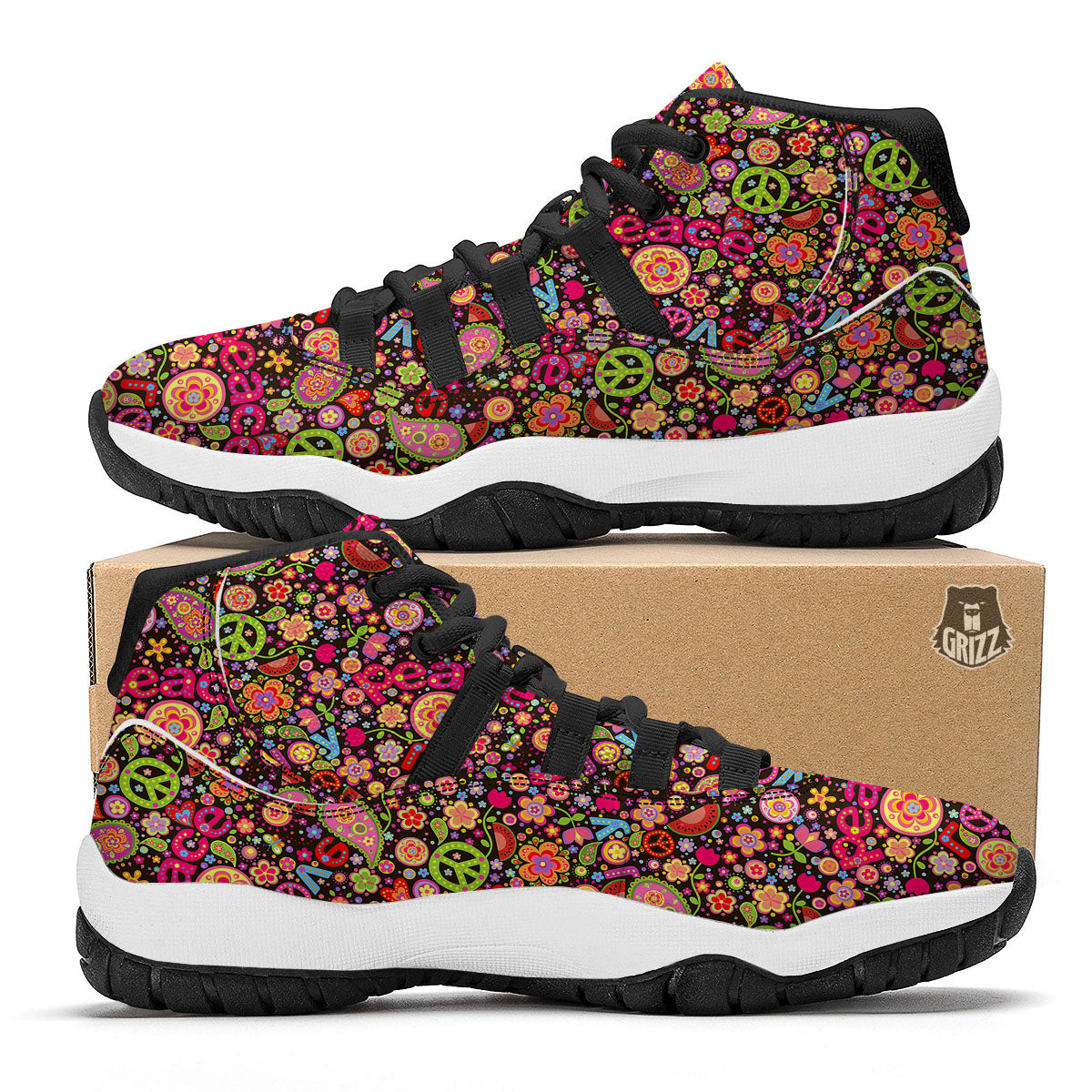 Hippie Sign Peace Flower Print Pattern Black Bball Shoes-grizzshop