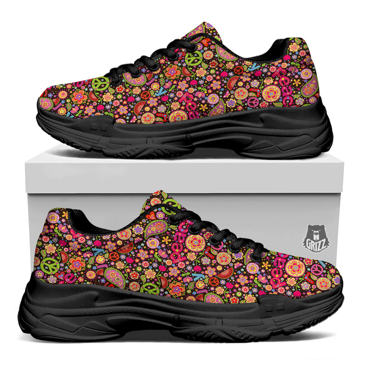 Hippie Sign Peace Flower Print Pattern Black Chunky Shoes-grizzshop