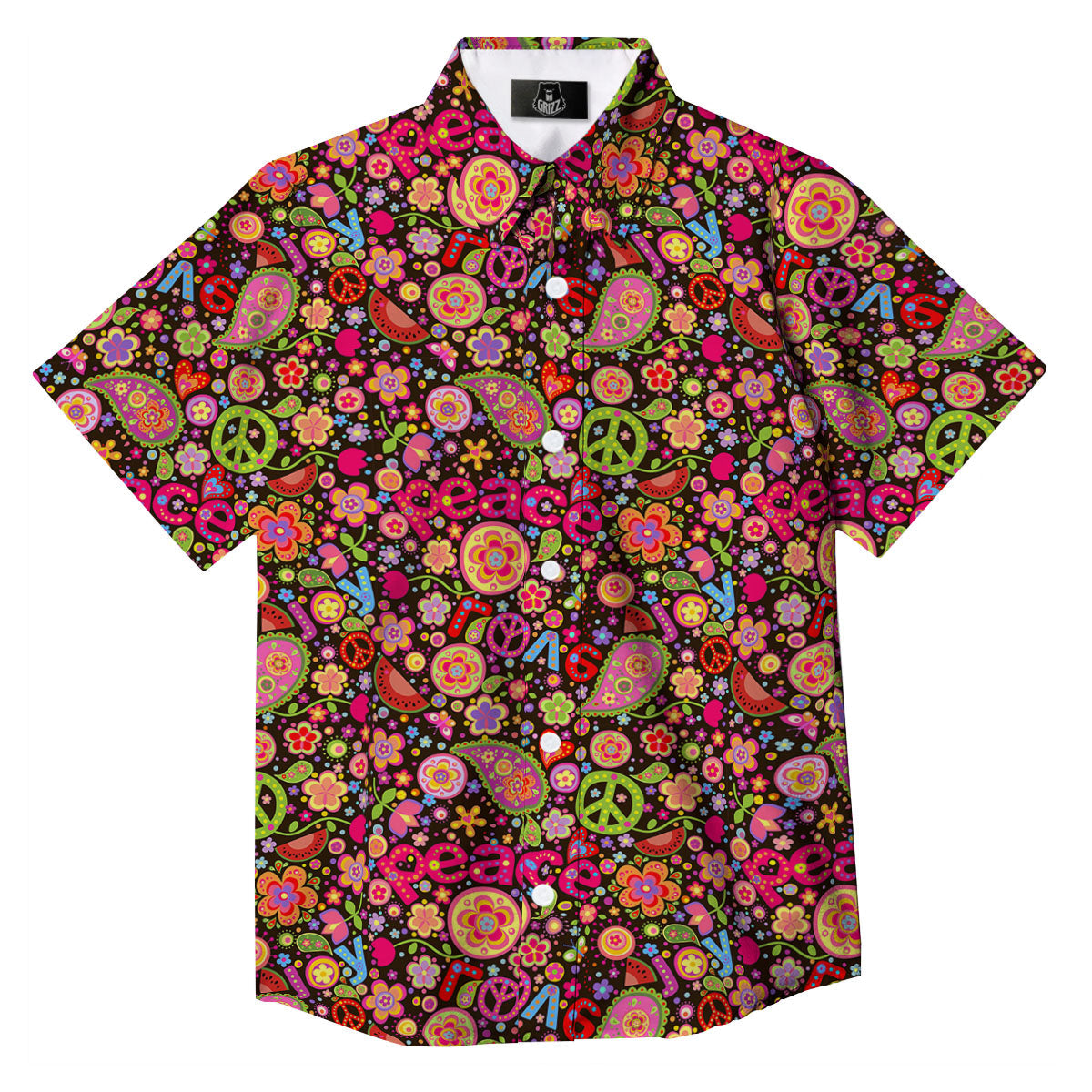 Hippie Sign Peace Flower Print Pattern Button Up Shirt-grizzshop