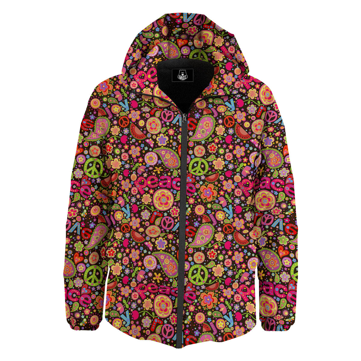 Hippie Sign Peace Flower Print Pattern Down Jacket-grizzshop