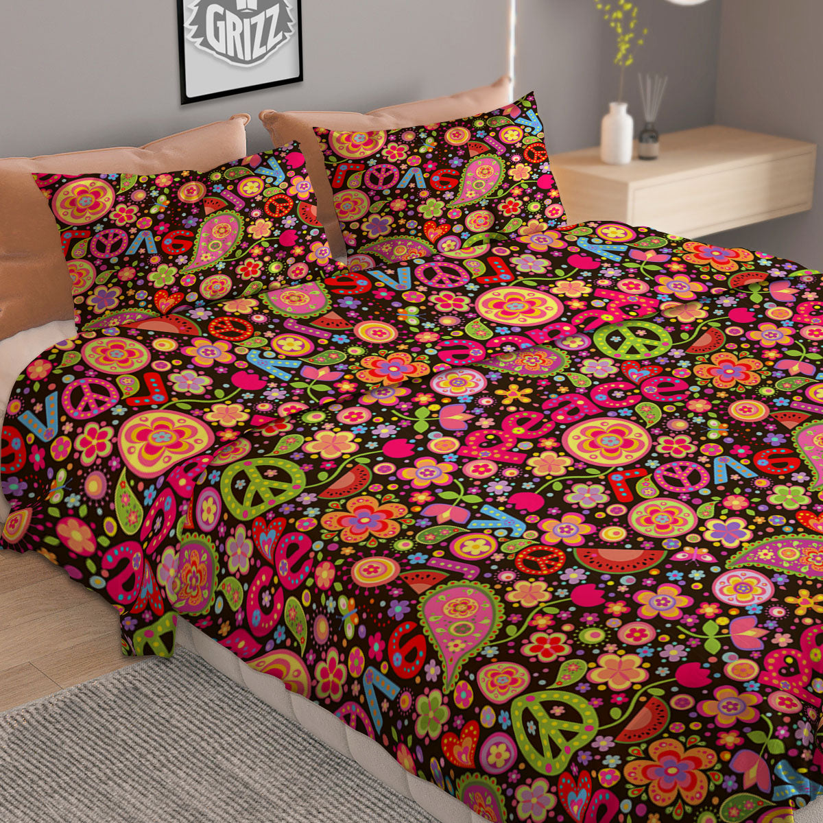 Hippie Sign Peace Flower Print Pattern Duvet Cover Bedding Set